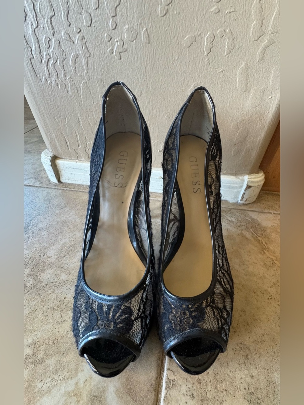 Guess Black Lace Peep-Toe Heels